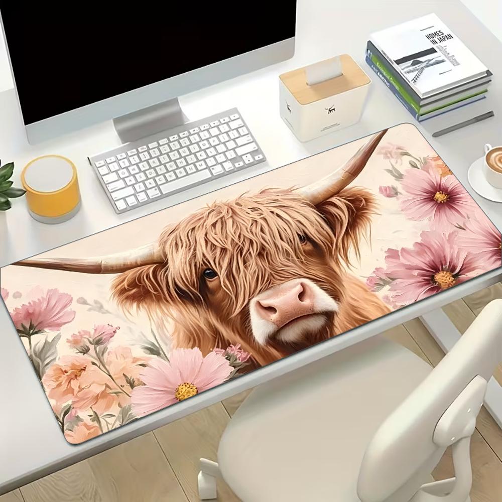 Cow Mat Rubber - ハイランドカウピンクフローラル大型デスクマット滑り止めステッチエッジ付き美的ゲーミングマウスパッドラップトップオフィスデスクトップパッド