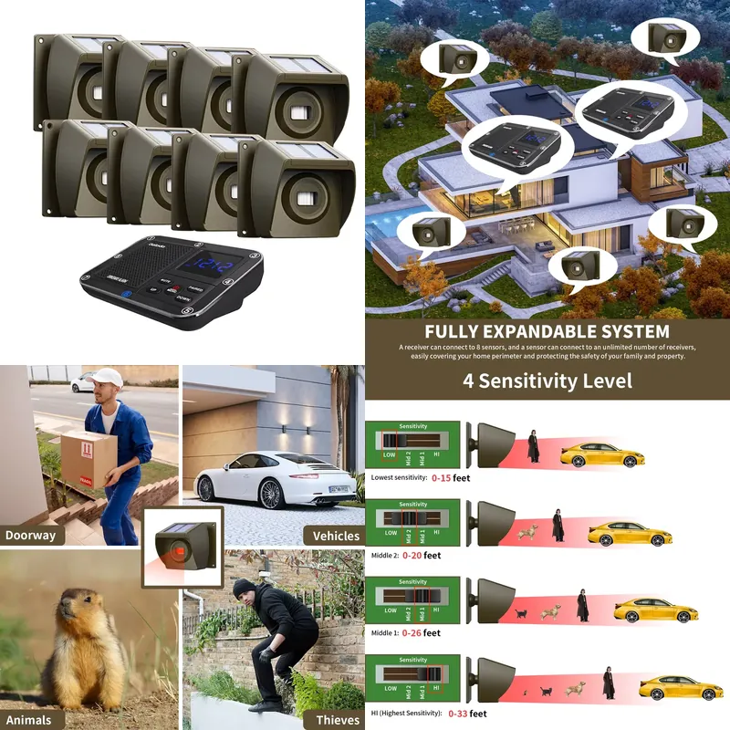 Farming System & Sustainable Agriculture - 屋外ソーラー発電式ワイヤレス私道警報システム、PIRモーションセンサー付き、家庭および農場のセキュリティ用、受信機1台、センサー8個