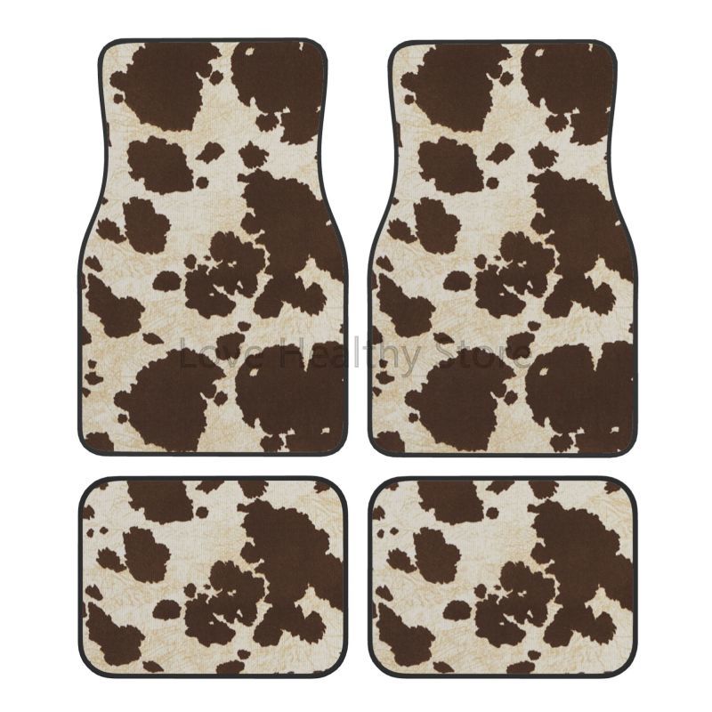 Cow Mat Rubber - 牛車フロアマット 4 個セット ブラウン牛アニマルプリント車両フロントリアカーペットマット滑り止め自動フットマットユニバーサル車 SUV