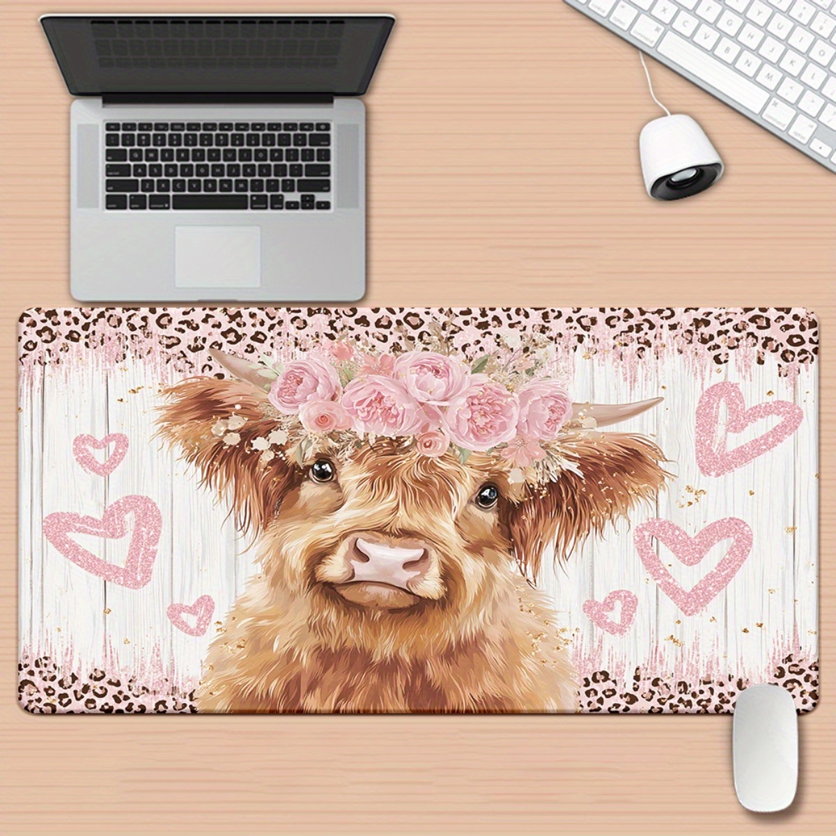 ハイランドカウデスクマット ピンクの花 ハート柄 XXL マ - Cow Mat Rubber のレビューと価格